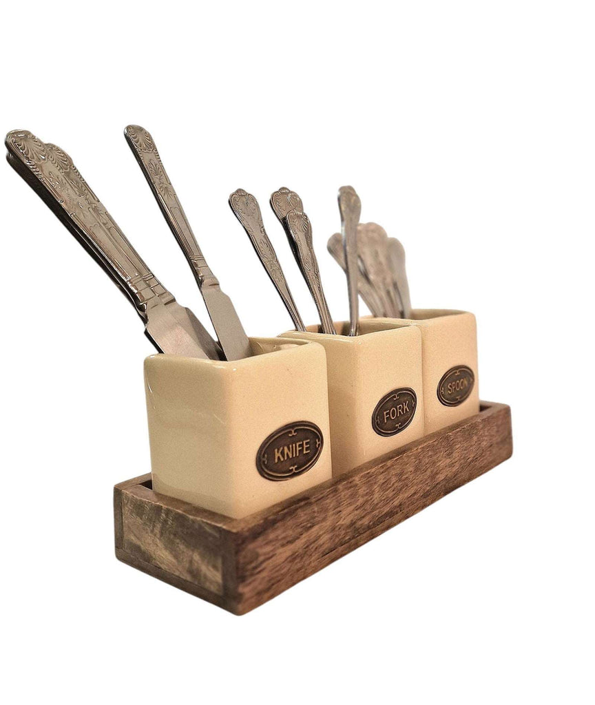 Knife, Fork & Spoon Ceramic Holder Set, with Mango Wood Tray Shades 4 Seasons