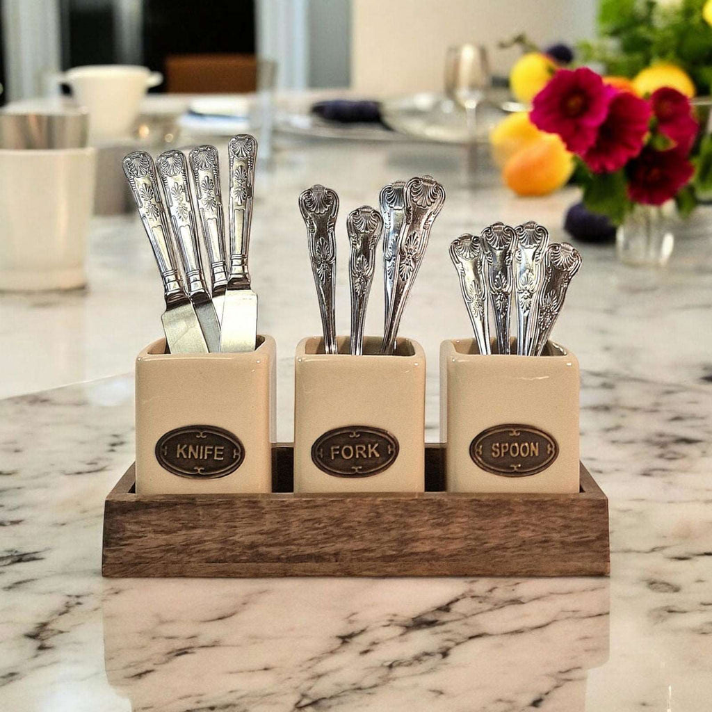 Knife, Fork & Spoon Ceramic Holder Set, with Mango Wood Tray Shades 4 Seasons