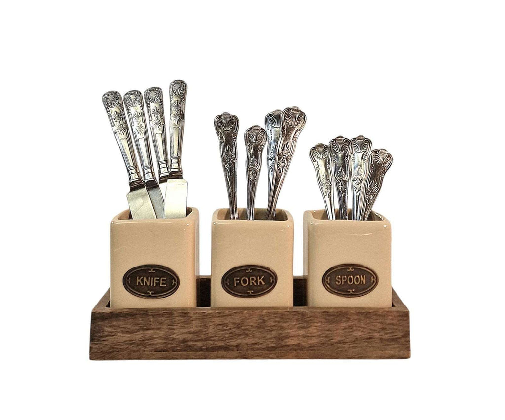 Knife, Fork & Spoon Ceramic Holder Set, with Mango Wood Tray Shades 4 Seasons