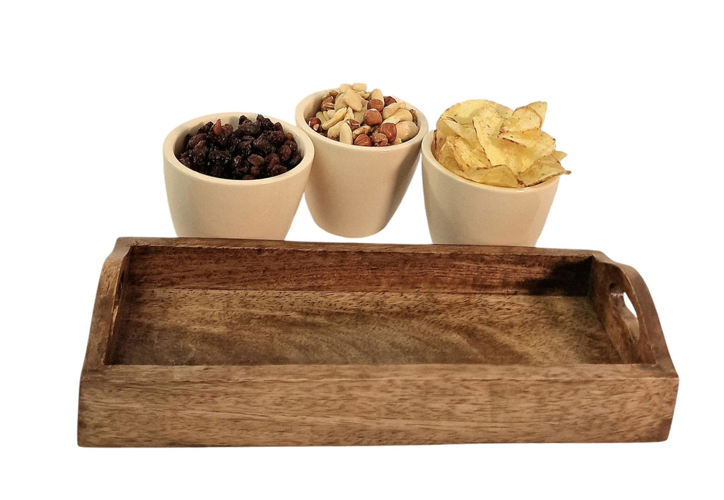 Set of 3 Ceramic Snack/Nibble Bowls with Mango Wood Tray Shades 4 Seasons