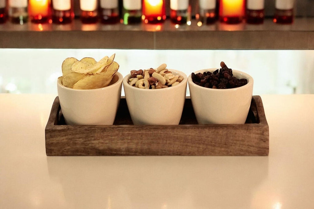 Set of 3 Ceramic Snack/Nibble Bowls with Mango Wood Tray Shades 4 Seasons