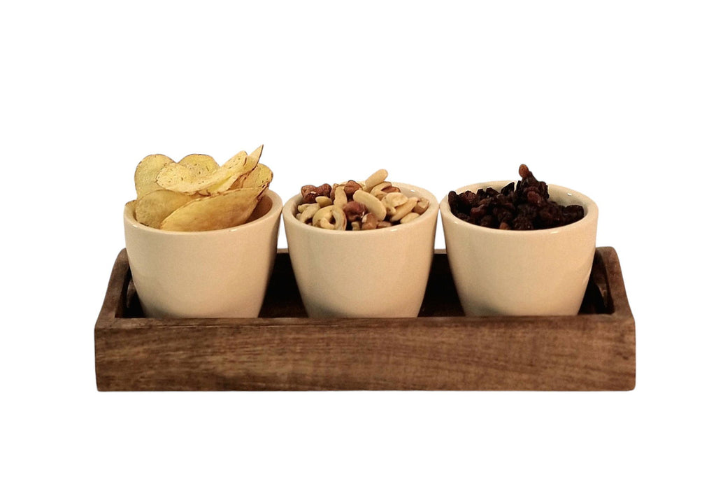 Set of 3 Ceramic Snack/Nibble Bowls with Mango Wood Tray Shades 4 Seasons