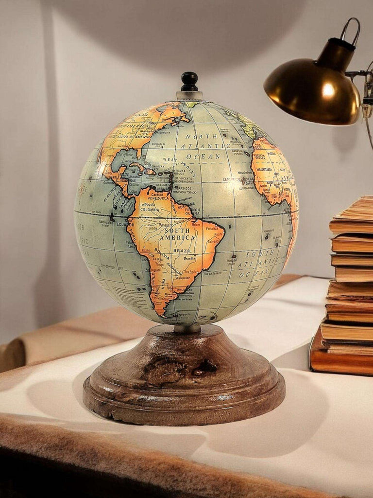 5 Inch World Globe on Mango Wood Stand Shades 4 Seasons