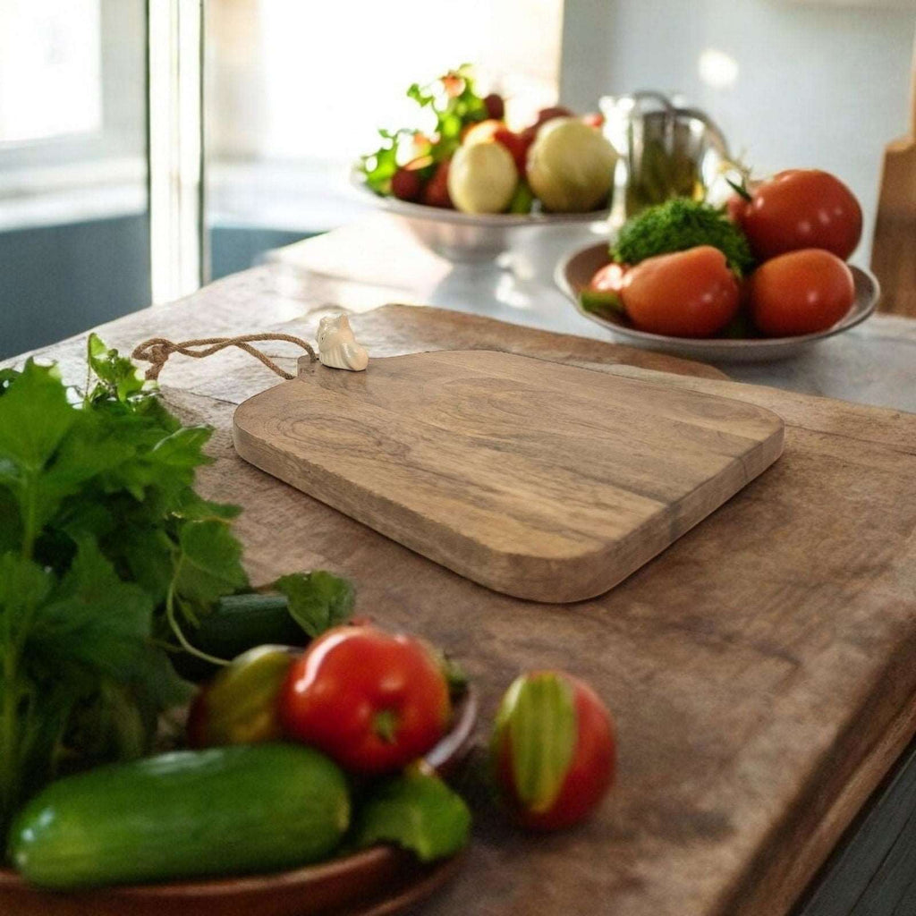 Large Mango Wood Chopping Board with Ceramic Chicken Head Shades 4 Seasons