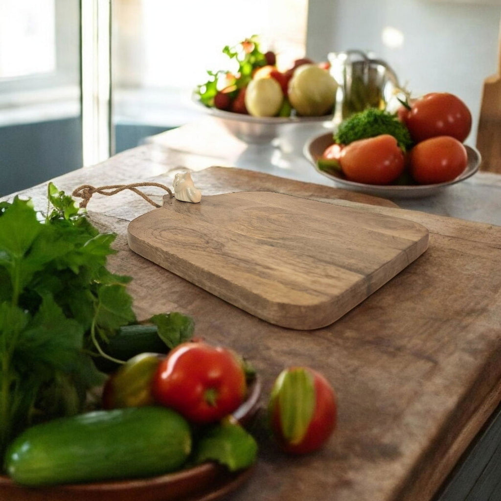 Small Mango Wood Chopping Board with Ceramic Chicken Head Shades 4 Seasons