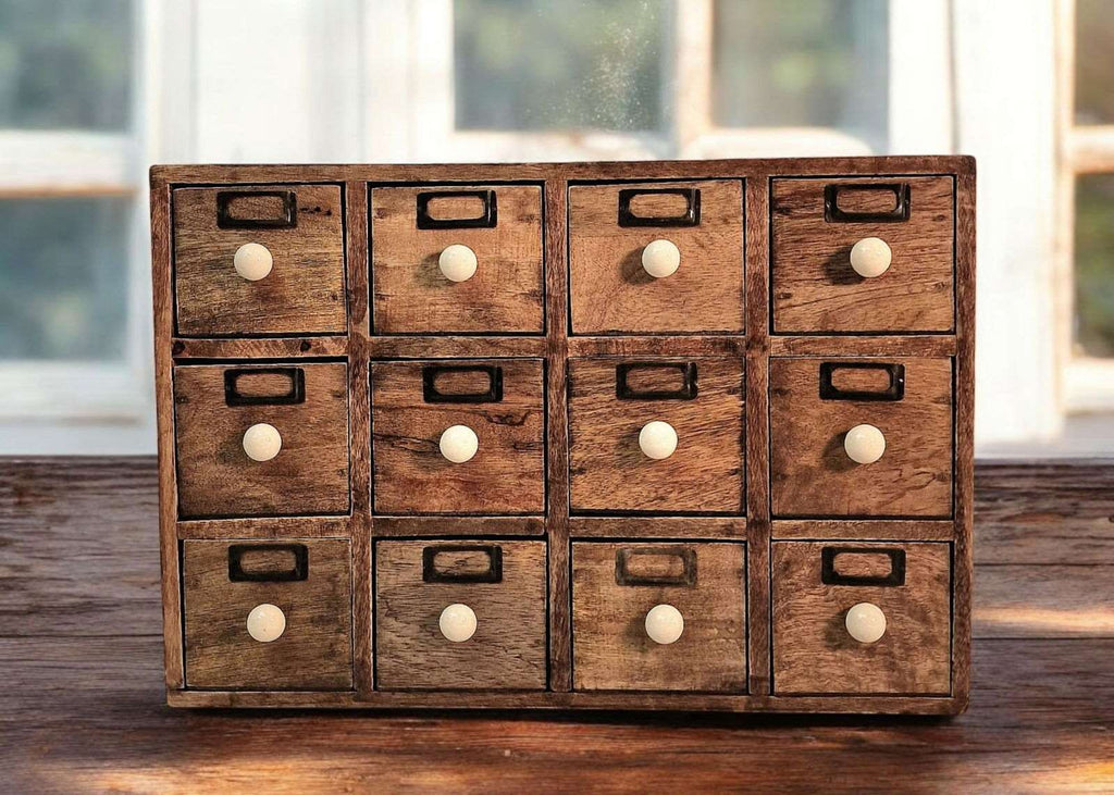 12 Drawer Mango Wood Trinket Chest With Ceramic Knob Handles Shades 4 Seasons