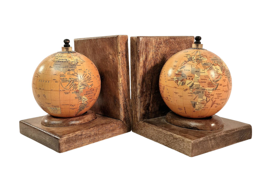 Pair of World Globe Bookends Set in Mango Wood Shades 4 Seasons