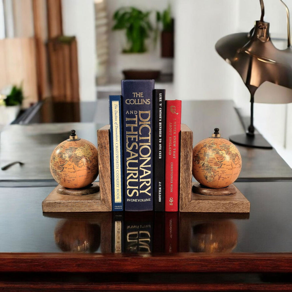 Pair of World Globe Bookends Set in Mango Wood Shades 4 Seasons