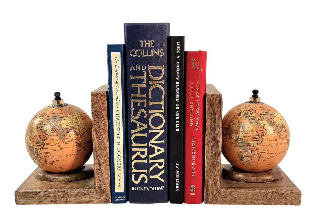 Pair of World Globe Bookends Set in Mango Wood Shades 4 Seasons