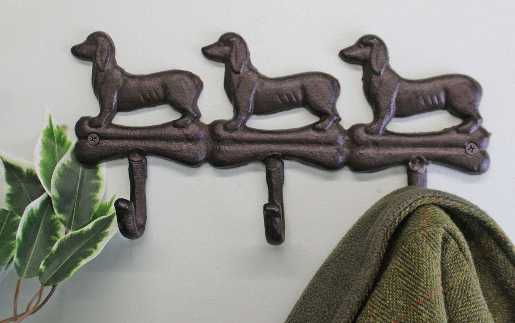 Rustic Cast Iron Wall Hooks, Sausage Dog Design With 3 Hooks Geko Products