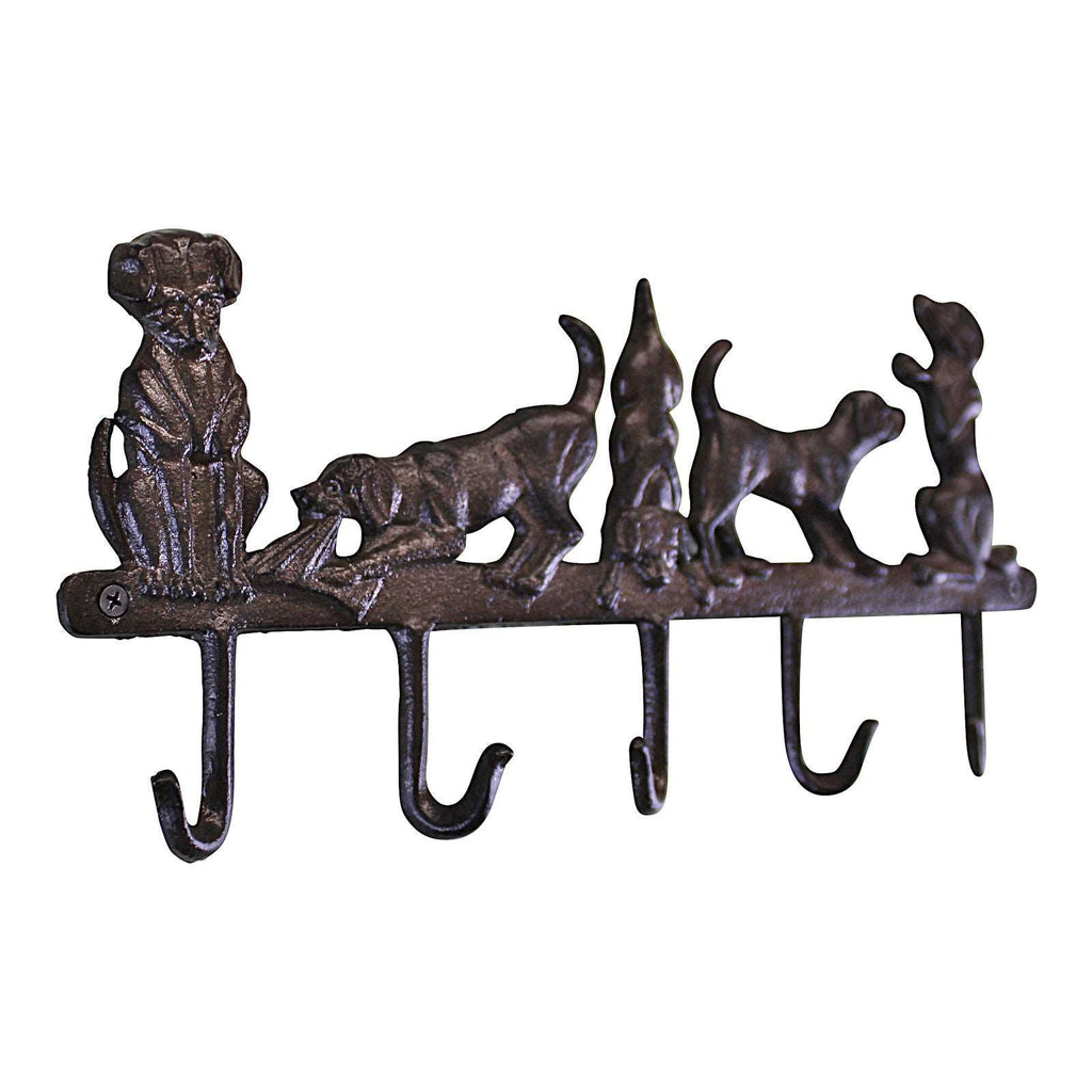 Rustic Cast Iron Wall Hooks, Playful Dog Design With 5 Hooks Geko Products