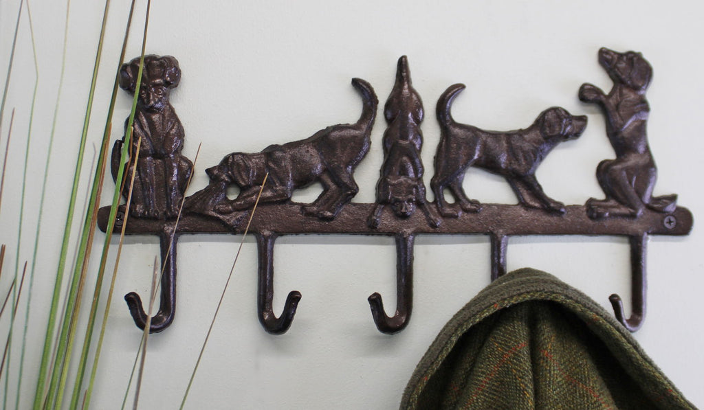 Rustic Cast Iron Wall Hooks, Playful Dog Design With 5 Hooks Geko Products