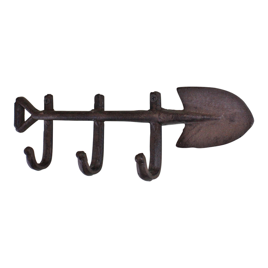 Rustic Cast Iron Wall Hooks, Garden Spade Design With 3 Hooks Geko Products