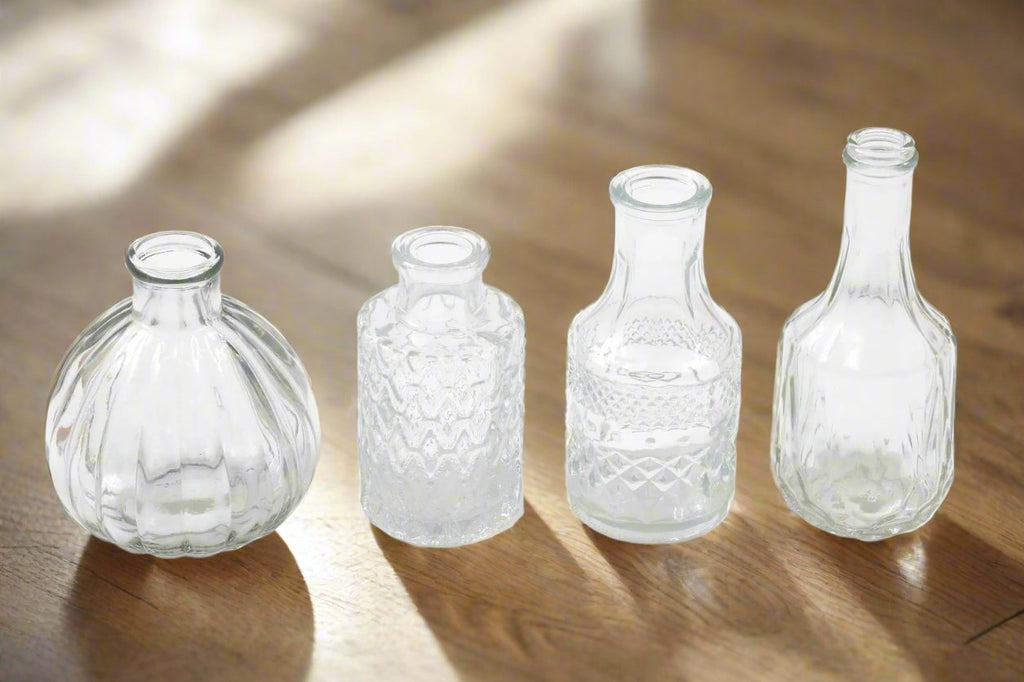 Set of 4 Clear Glass Variety Posy Vase Bottles Geko Products