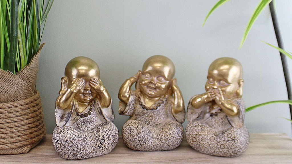 Set of 3 Gold Buddha Ornaments, See No Evil, Hear No Evil, Speak No Evil Geko Products