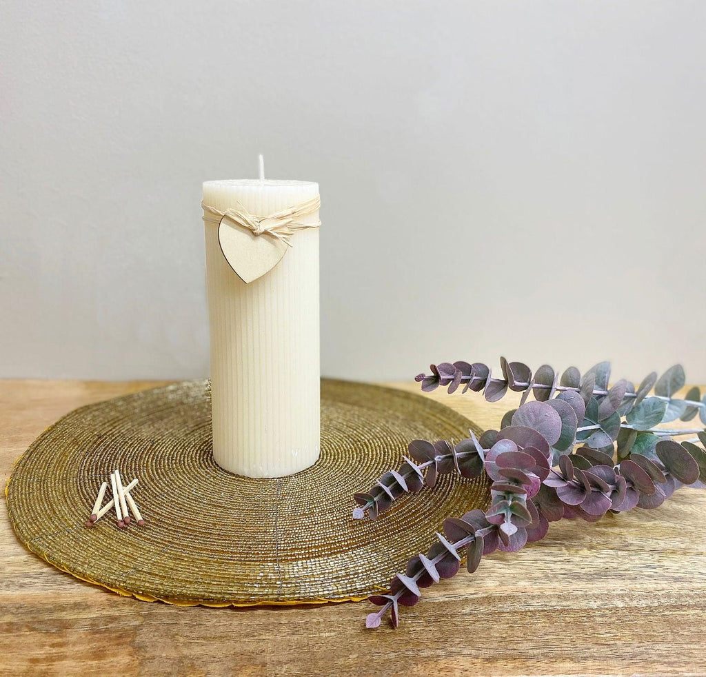 Large Cream Ridged Pillar Candle with Heart Decoration Geko Products