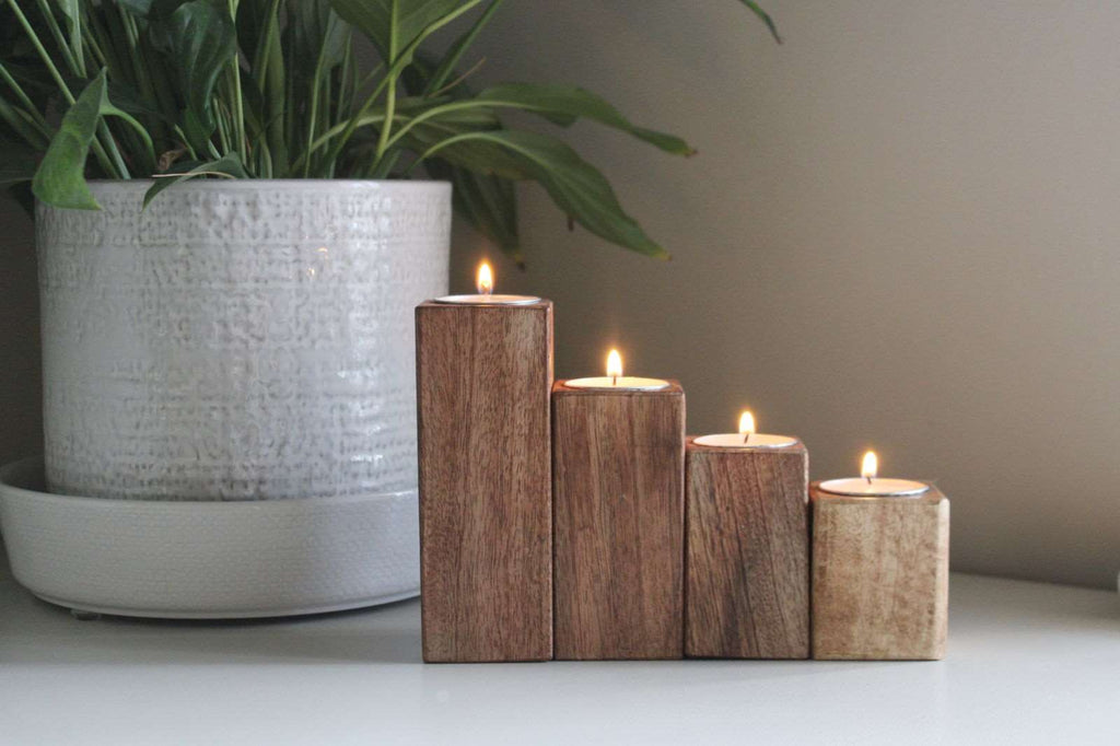 Set of Four Mango Wood Tealight Holders Geko Products