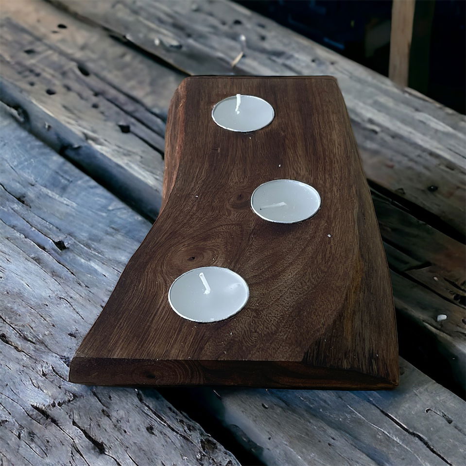 Short Mango Wood 3 Tea Light Holder 25cm Geko Products