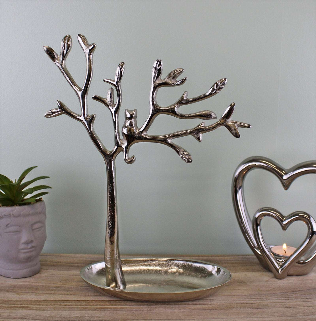 Silver Metal Tree With Cat Jewellery Stand Geko Products