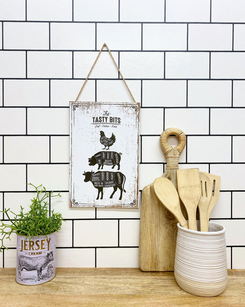 The Tasty Bits Wooden Hanging Plaque in White Geko Products