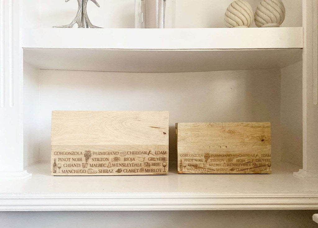 Set Of Two Engraved Cheese & Wine Word Crates Geko Products