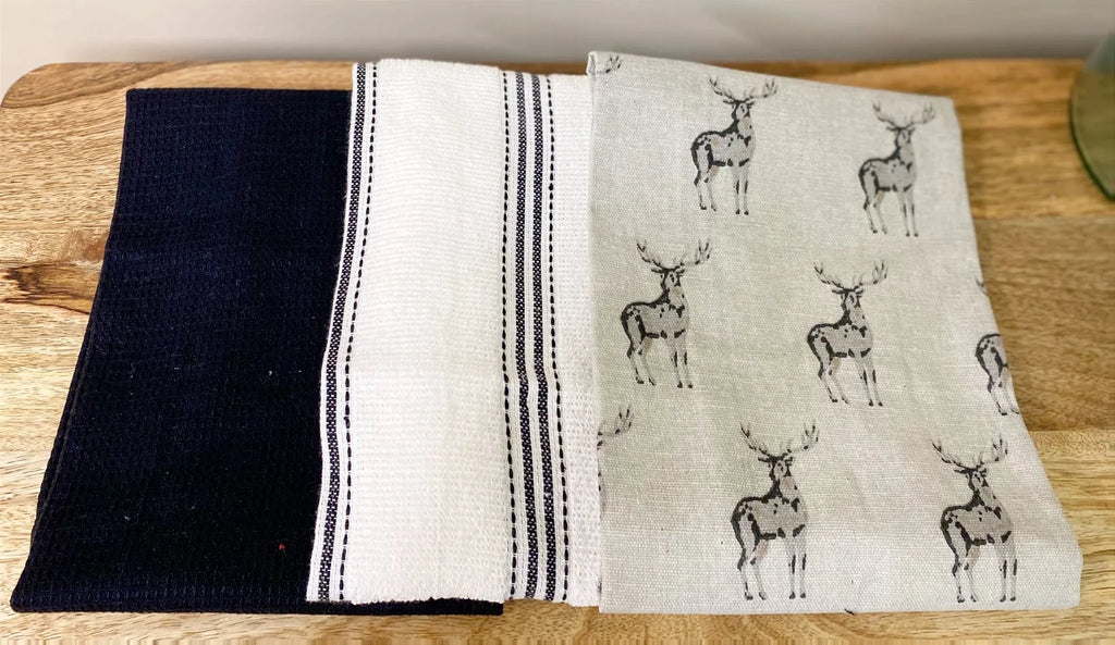 Grey Kitchen Pack of 3 Tea Towels With A Stag Print Design - Shades 4 Seasons