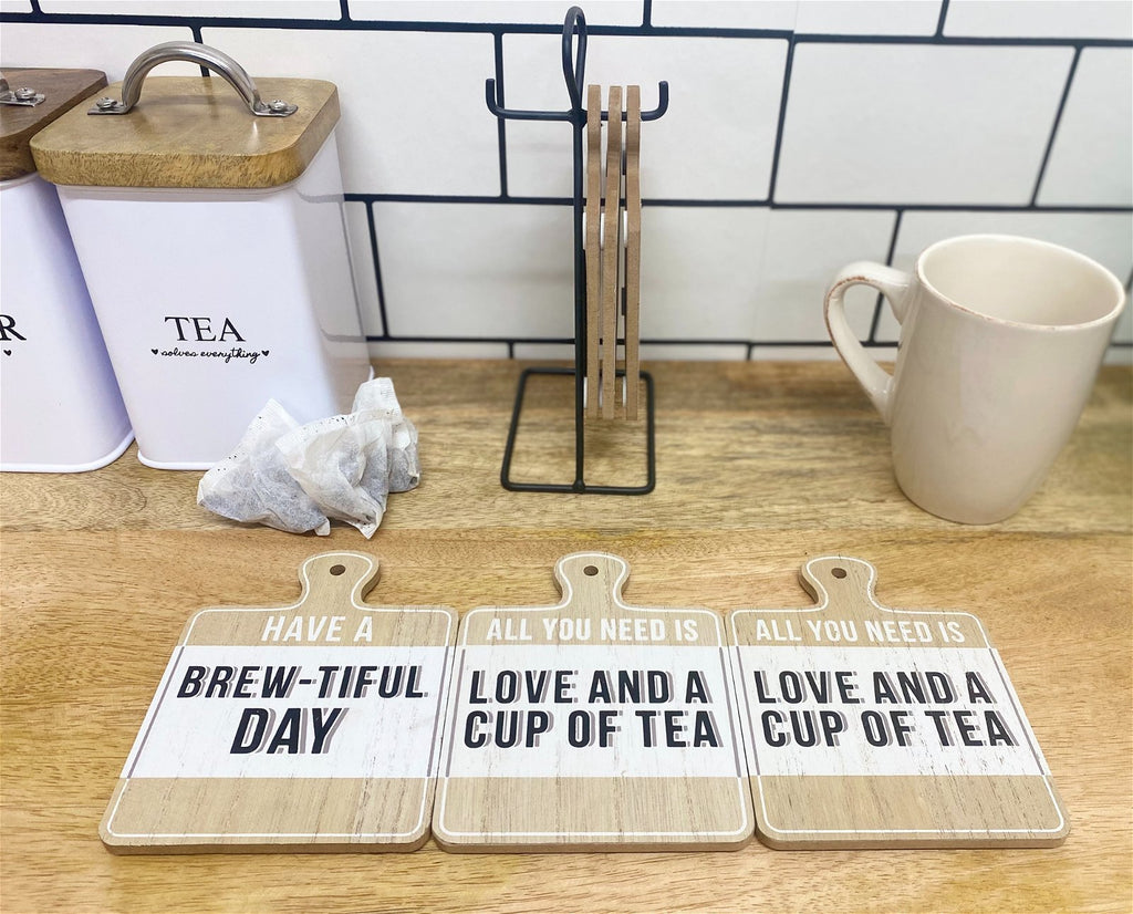 Set of Six Tea Slogan Coasters On Metal Stand Geko Products