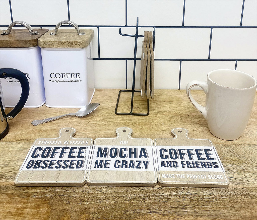 Set of Six Coffee Slogan Coasters On Metal Stand Geko Products