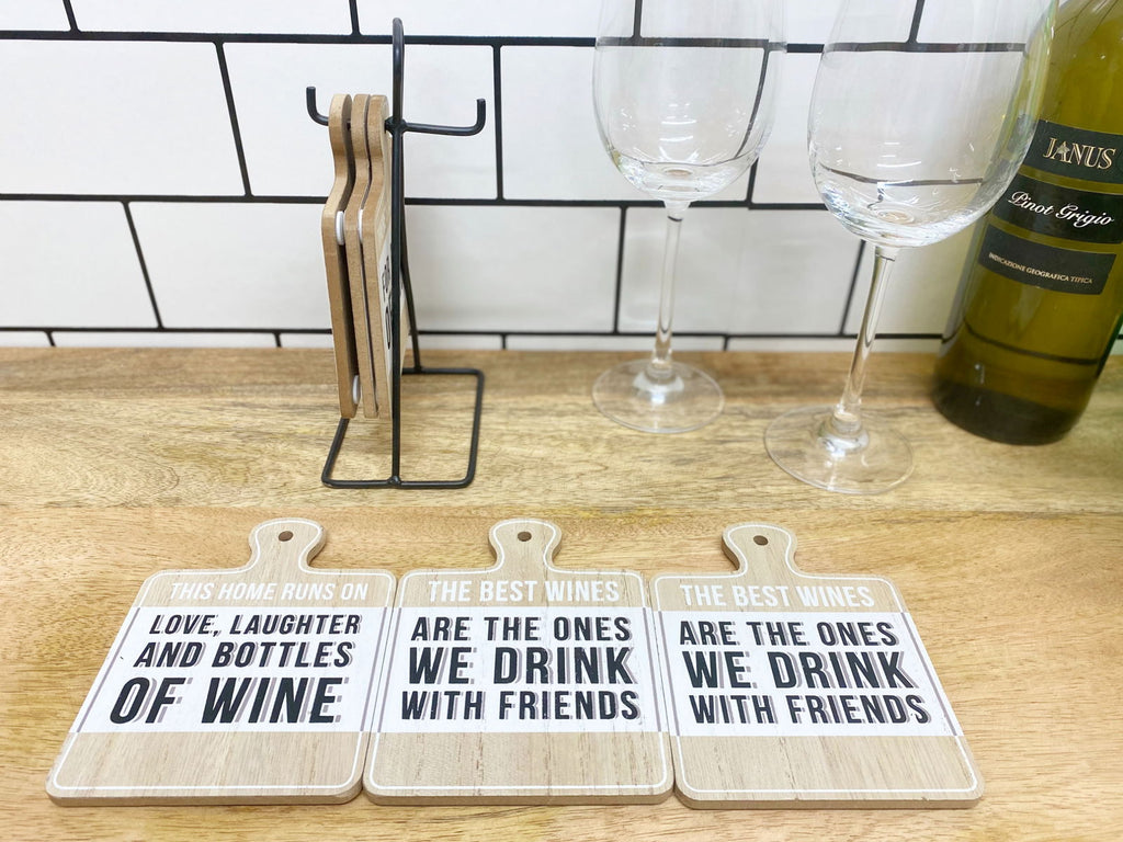 Set of Six Wine Slogan Coasters On Metal Stand Geko Products