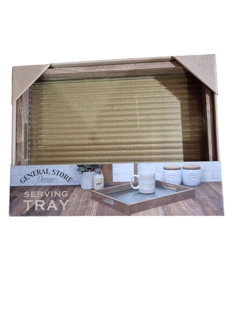 Ribbed Glass & Wood Tray 30x40cm Geko Products