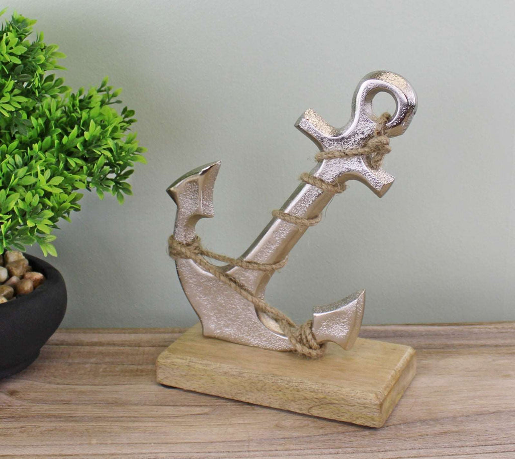 Silver Metal Anchor Ornament On Wooden Base Geko Products