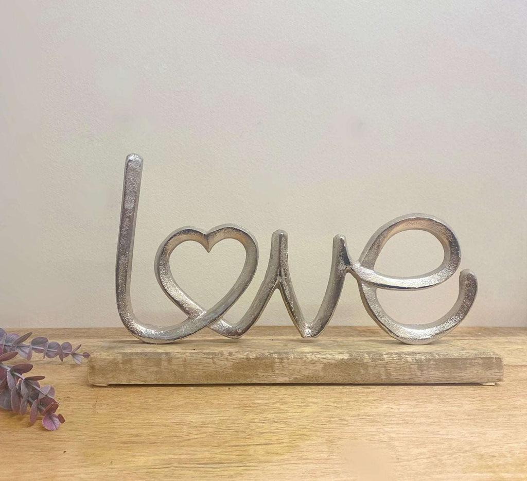 Metal Silver Love Ornament On A Wooden Base Geko Products