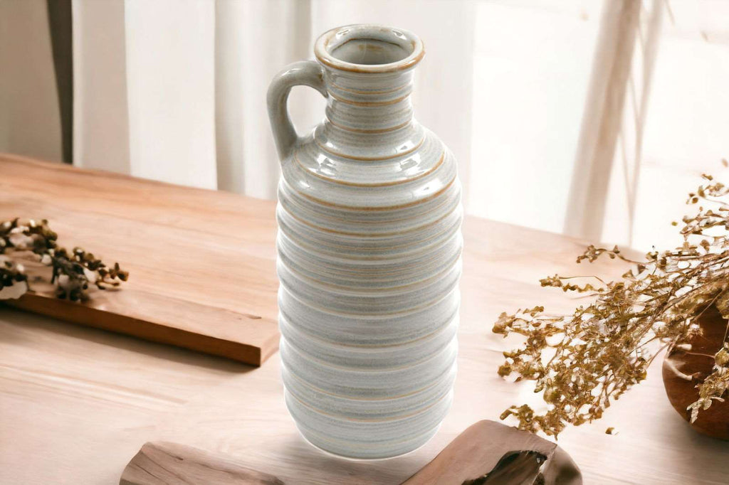 Ceramic Grey Ribbed Vase With Handle 27cm Geko Products