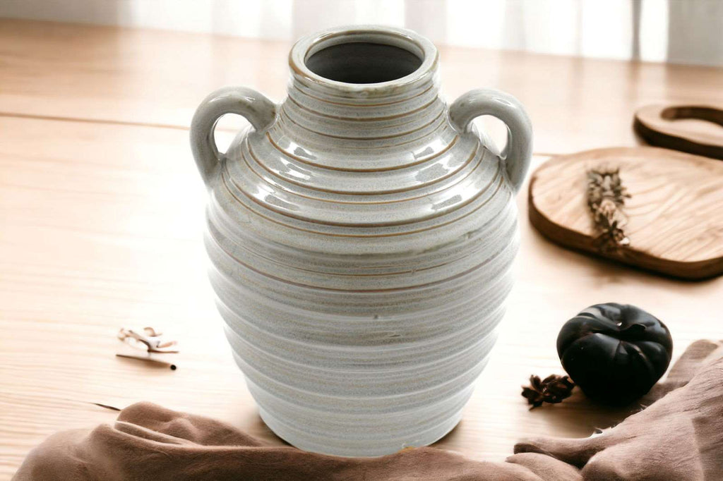 Ceramic Grey Ribbed Vase With Handles 20cm Geko Products