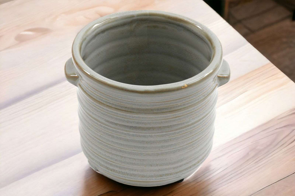 Ceramic Grey Ribbed Planter With Handles 12.5cm Geko Products