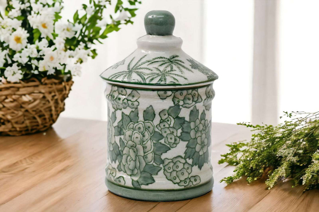 Ceramic Green Parrot Palm Willow Urn Jar With Lid 16cm Geko Products