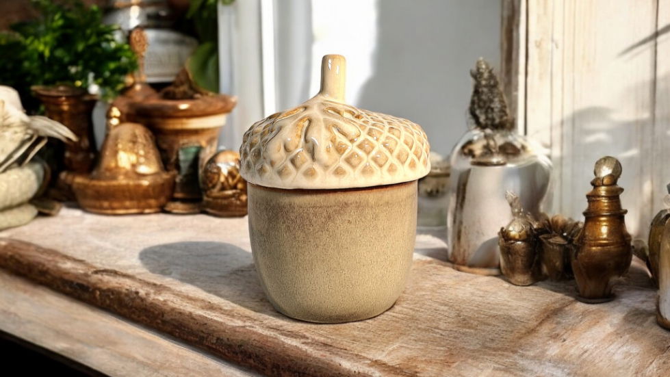 Ceramic Acorn Pot With Lid 13.5cm Shades 4 Seasons