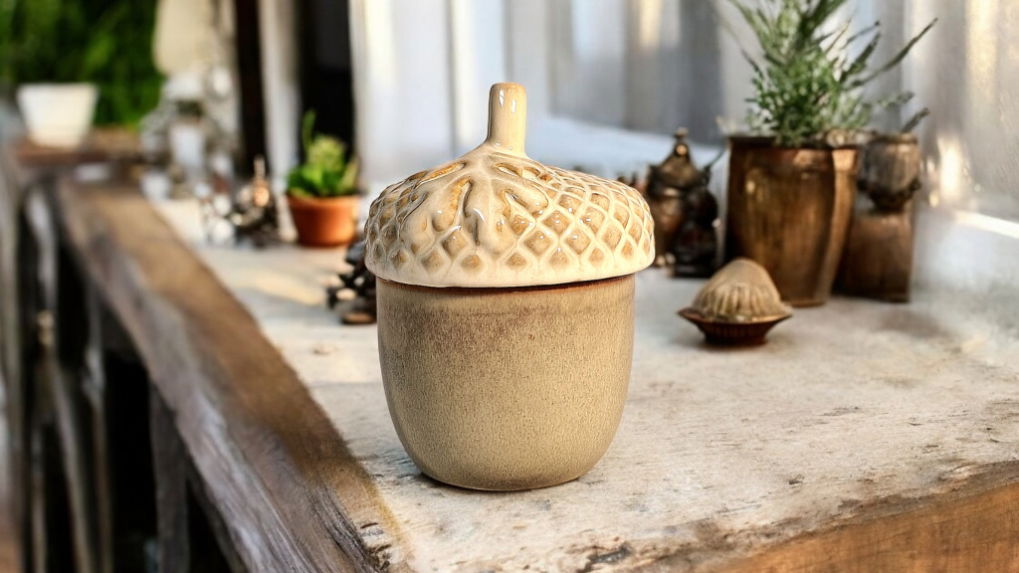 Ceramic Acorn Pot With Lid 13.5cm Shades 4 Seasons