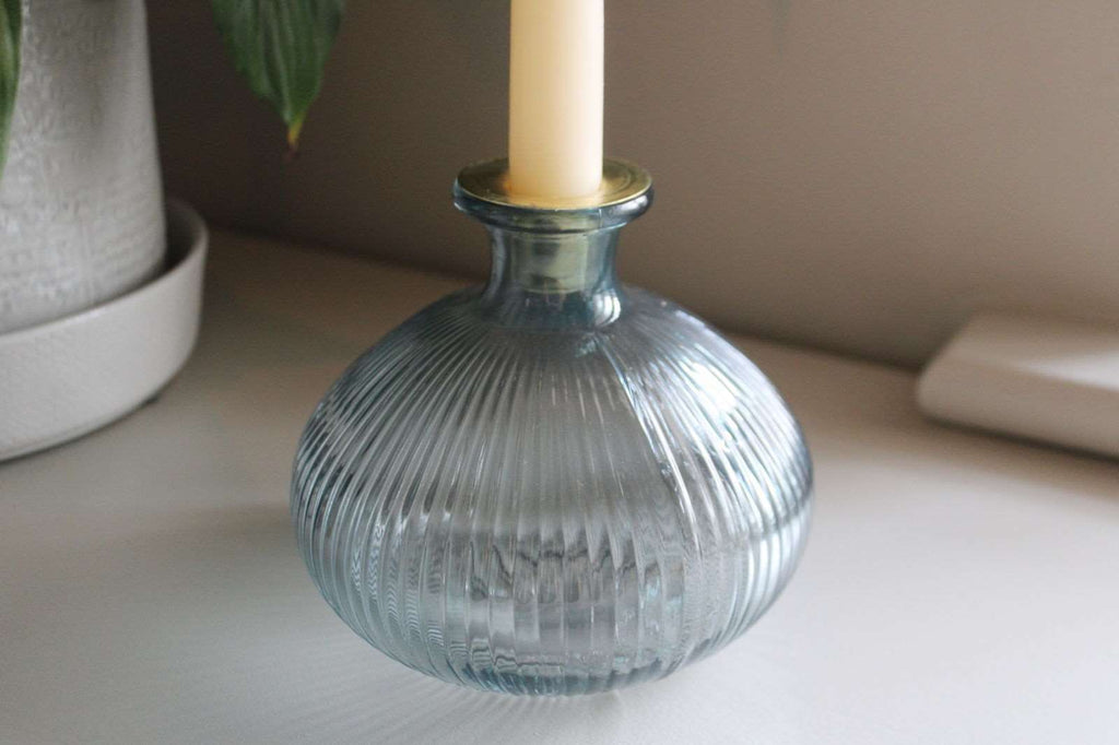 Blue Ribbed Glass Candle Holder Geko Products