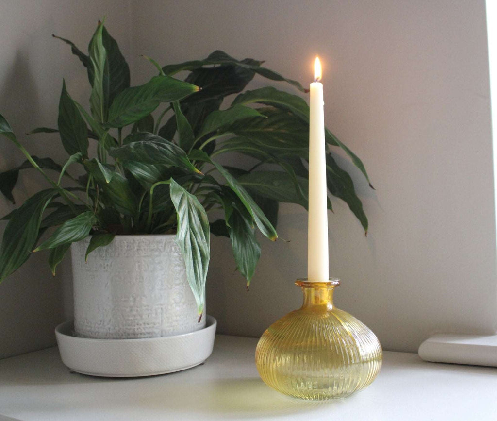 Yellow Ribbed Glass Candle Holder Geko Products