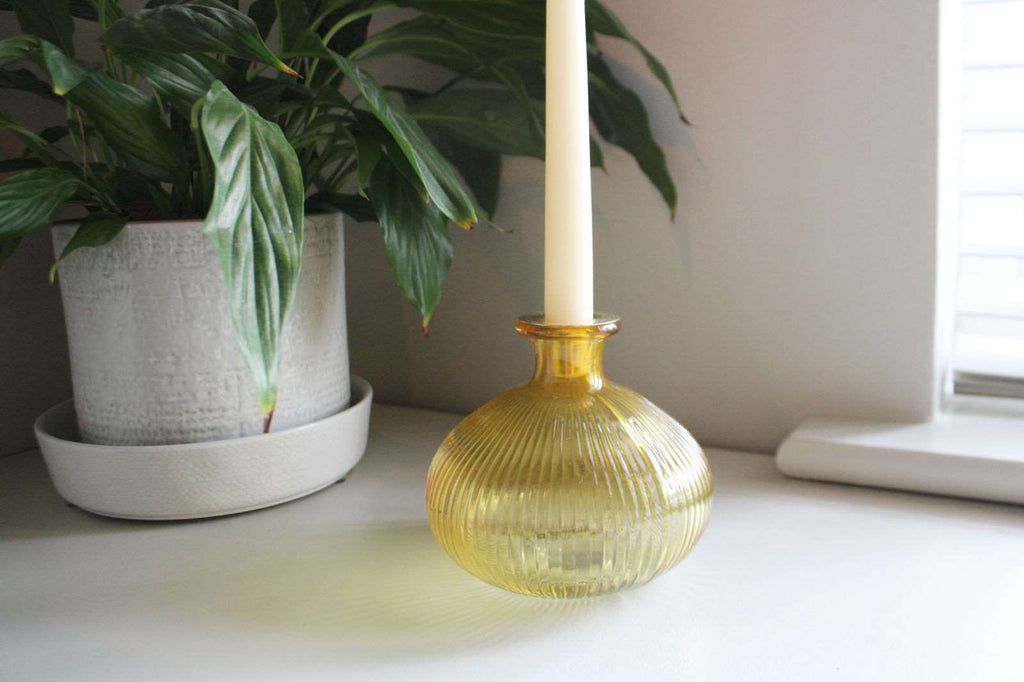 Yellow Ribbed Glass Candle Holder Geko Products