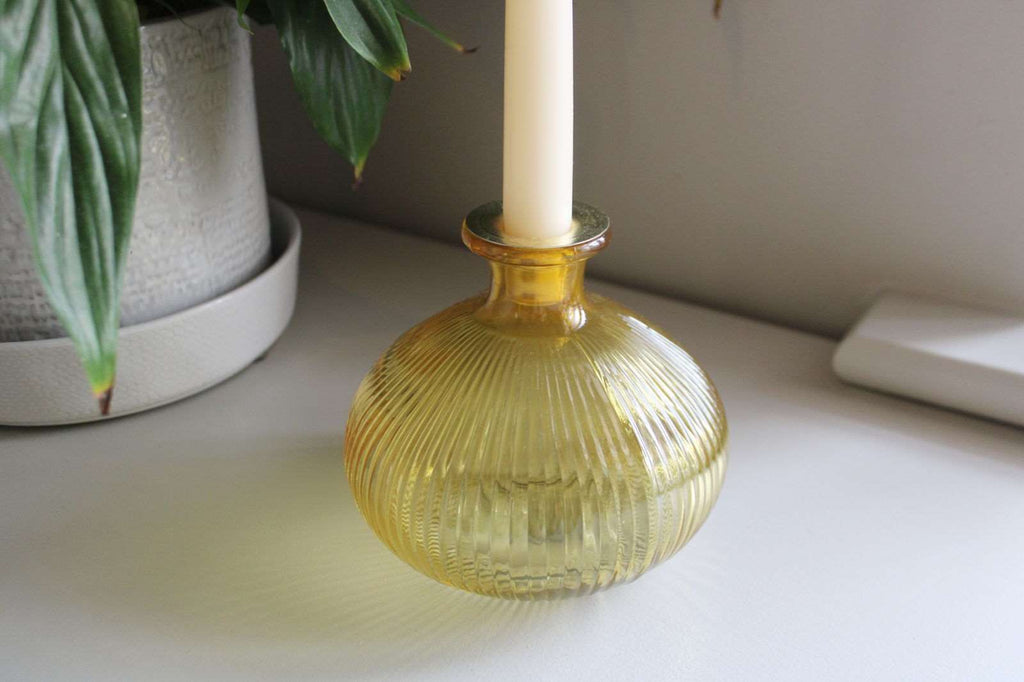 Yellow Ribbed Glass Candle Holder Geko Products