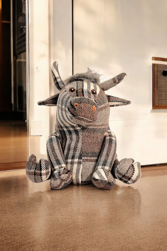 Grey Fabric Tartan Bull Doorstop 30cm Shades 4 Seasons