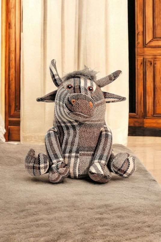 Grey Fabric Tartan Bull Doorstop 30cm Shades 4 Seasons