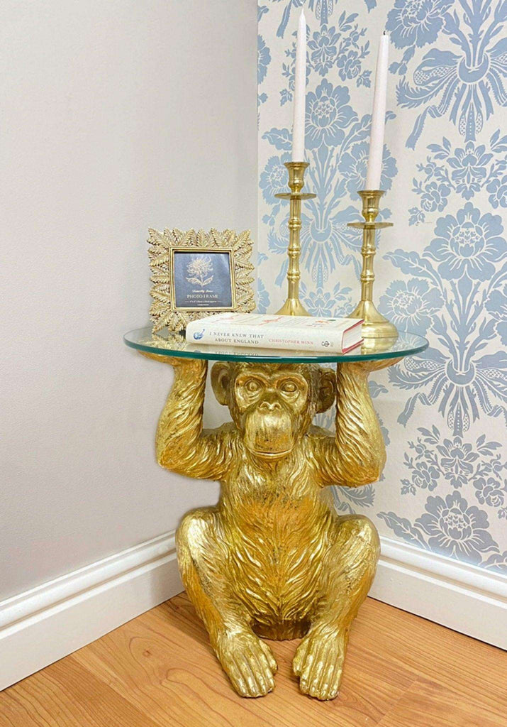 Gold Chimp With Glass Top Side Table Geko Products