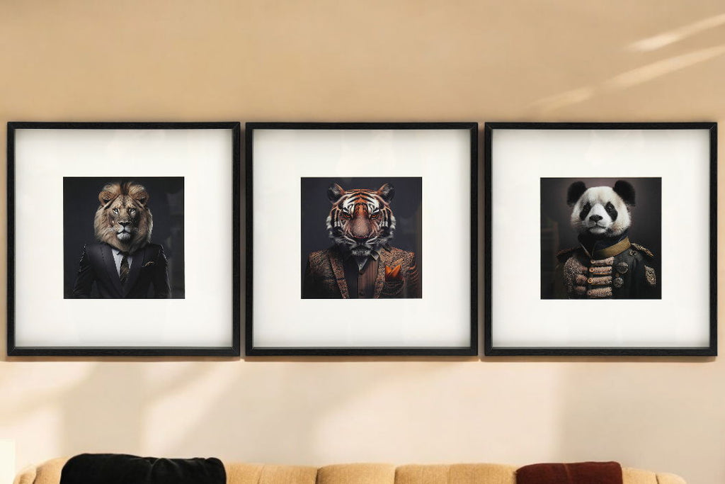 Set of 3 Jungle Animal Head Prints Picture Art 40x40cm Shades 4 Seasons