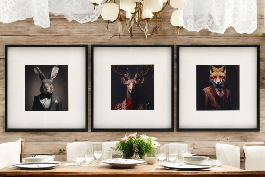 Set of 3 Forest Animal Head Prints Picture Art 40x40cm Shades 4 Seasons