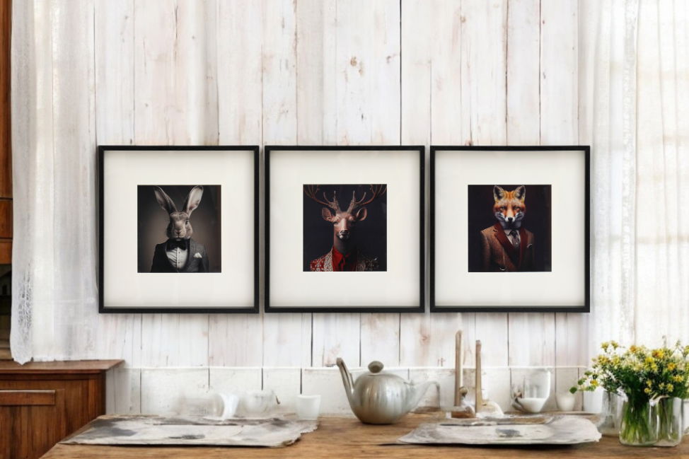 Set of 3 Forest Animal Head Prints Picture Art 40x40cm Shades 4 Seasons