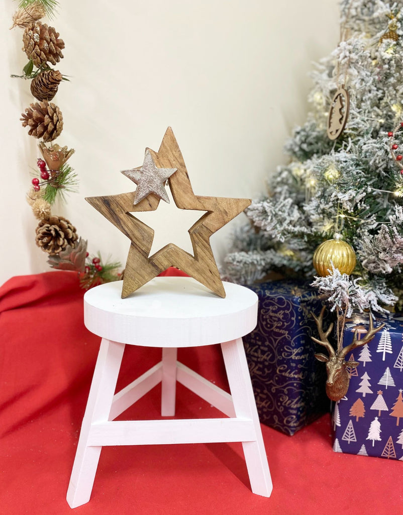 Wood & Silver Metal Star Decoration 20cm Geko Products