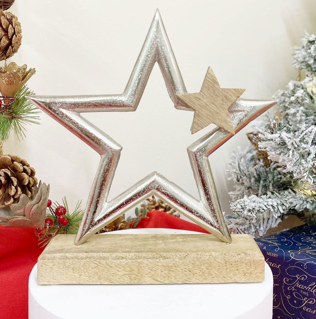 Silver Star On Wooden Base Decoration Geko Products